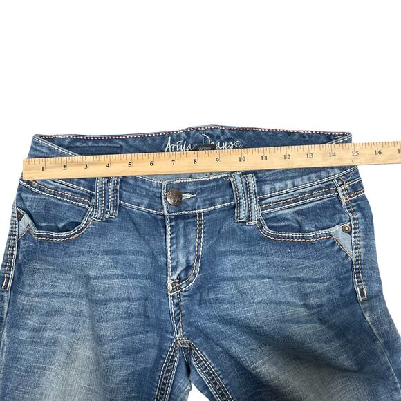 Ariya Jeans Sz 7/8 Y2K Flare Low Rise Flap Pocket Embroidered Distressed Stretch - Picture 7 of 10